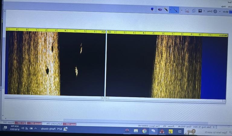 在电脑屏幕上，两幅图像并排出现. 它们是海湾海底的红外图像. 
