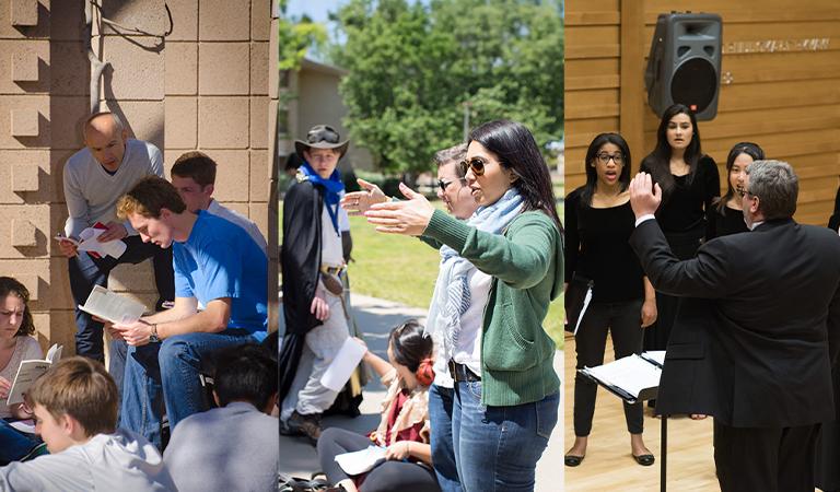 A collage of three photos. Left: A choir singing and lead by a conductor. Middle: A woman directors students dressed in costume. Right: Students and a professor are sitting on the ground reading books.